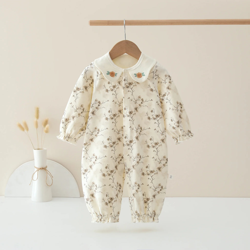 Spring and Autumn Baby Pure Cotton Velvet Jumpsuit with Plant Pattern Printed Baby Girl Clothing High Quality Baby Girl Clothing