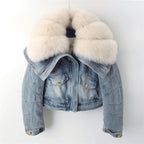 Big Fox Fur Collar Down Cotton Denim Jacket Women Vintage Cowboy Outerwear Winter Thick Loose Short Zipper Jeans Jacket Female