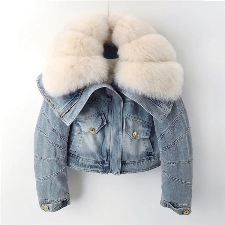 Big Fox Fur Collar Down Cotton Denim Jacket Women Vintage Cowboy Outerwear Winter Thick Loose Short Zipper Jeans Jacket Female