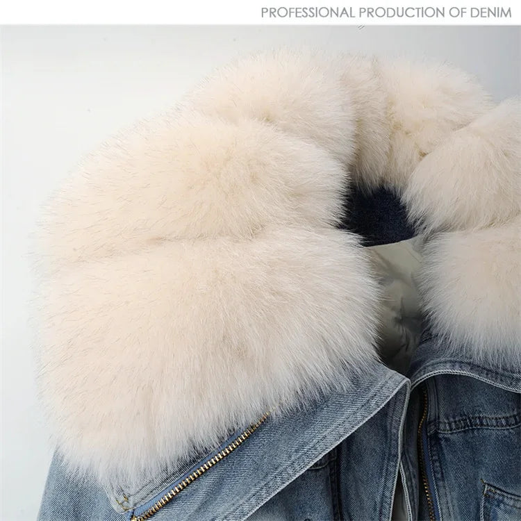 Big Fox Fur Collar Down Cotton Denim Jacket Women Vintage Cowboy Outerwear Winter Thick Loose Short Zipper Jeans Jacket Female