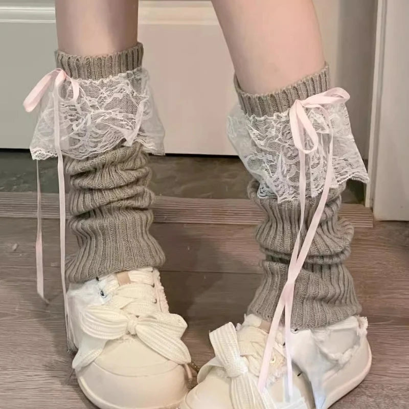 2025 New Woman Leg Warmers Autumn and Winter Ribbon Lolita Black Knee Warmers Long Socks JK Knitted Girl White Leg Warmers