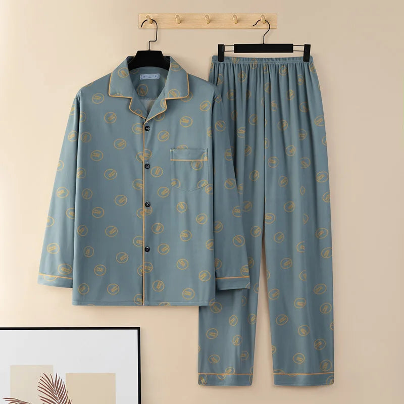 Men's Thin Cotton Pajamas Long Sve Long Pants Two-Piece Set Casual