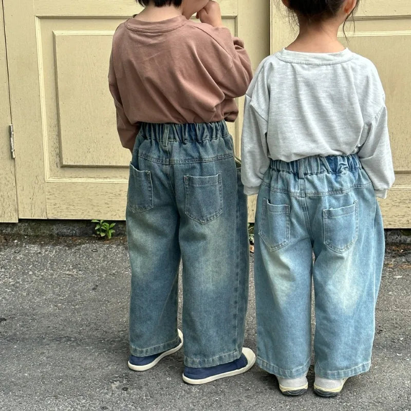 Children Wide Leg Jeans Spring Autumn Boy and Girl Elastic Waist Straight Leg Denim Pants Kids Casual Versatile Trousers A40056