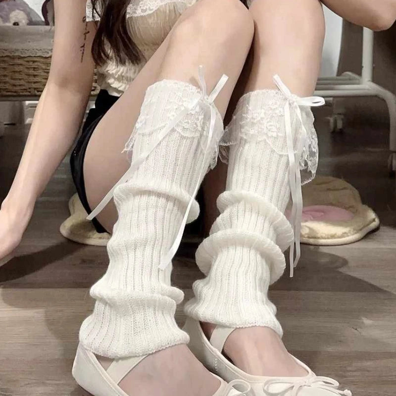 2025 New Woman Leg Warmers Autumn and Winter Ribbon Lolita Black Knee Warmers Long Socks JK Knitted Girl White Leg Warmers