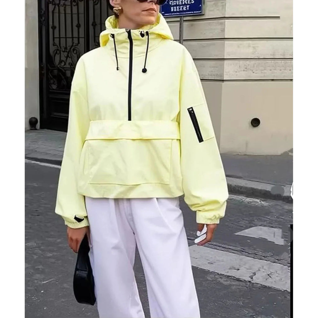 Fall 2025 Women's Casual Spor Loose Fit Stand Collar Long Sve Hooded Jaet Windbreaker Outerwear Polyester Fiber 00%