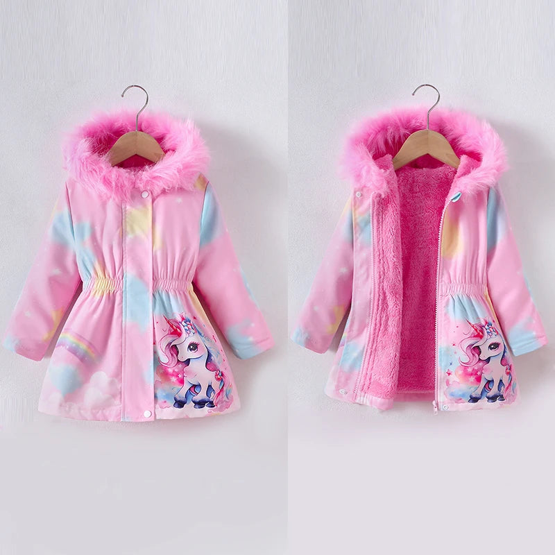 Children's Coat Girls Long Outerwear Winter Autumn Cotton Clothes Girls Pink Unicorn padded Coats Big Thicken Warm Child Jacket