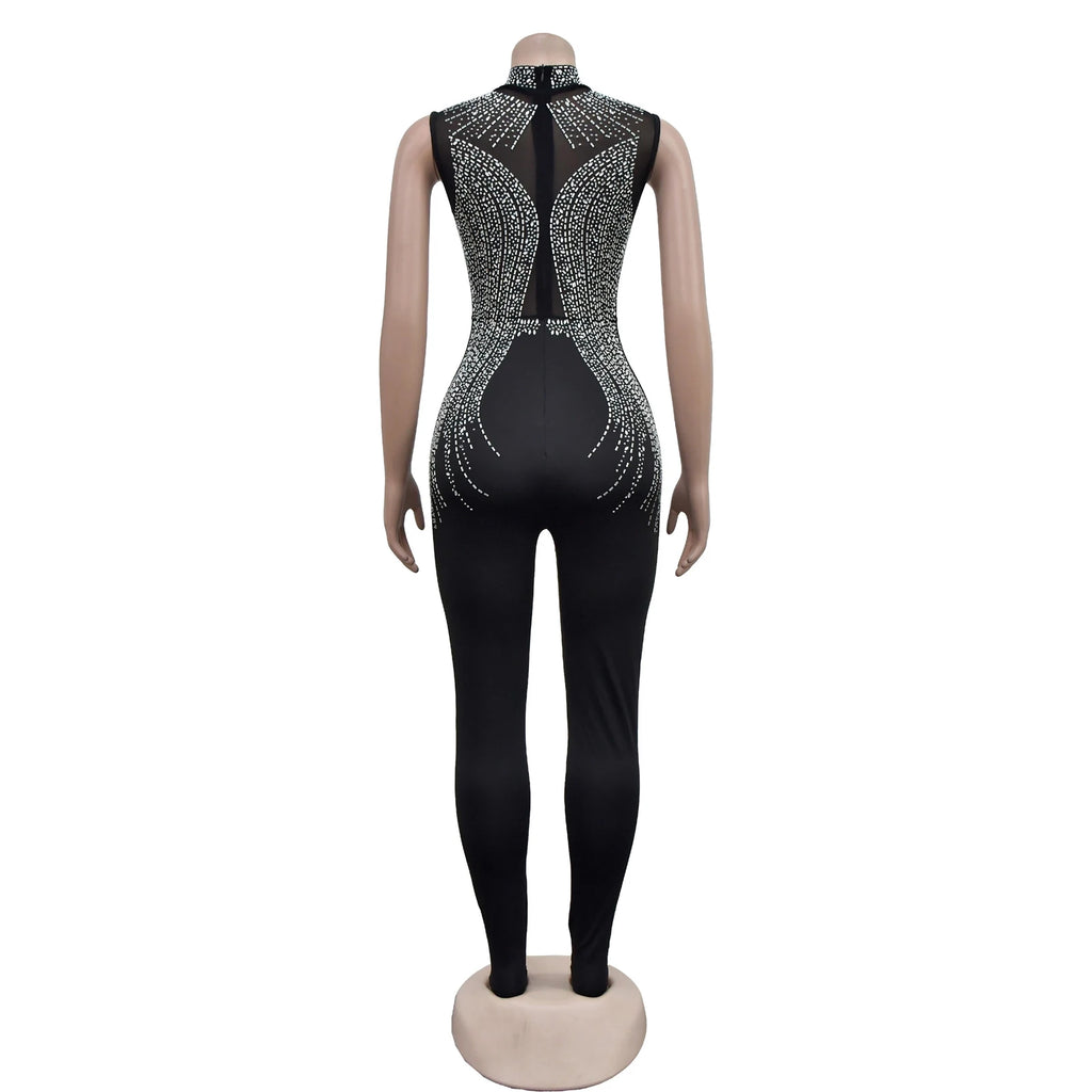 Women's Glittery Rhinestones Gymnastics Jumpsuit Sheer Mesh Patchwork Mock Neck Long Sleeve Dance Rompers One-piece Bodysuit