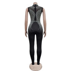 Women's Glittery Rhinestones Gymnastics Jumpsuit Sheer Mesh Patchwork Mock Neck Long Sleeve Dance Rompers One-piece Bodysuit