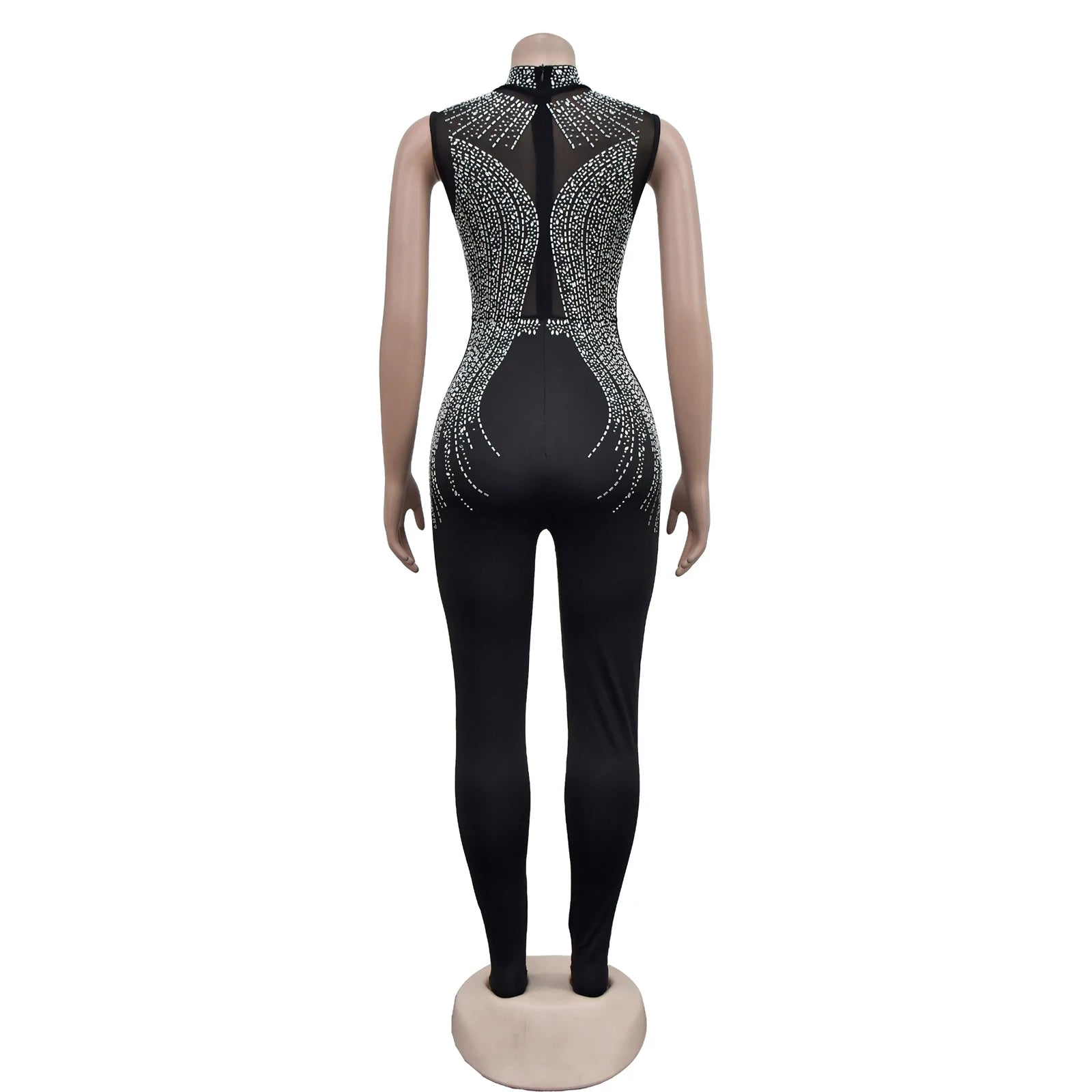 Women's Glittery Rhinestones Gymnastics Jumpsuit Sheer Mesh Patchwork Mock Neck Long Sleeve Dance Rompers One-piece Bodysuit