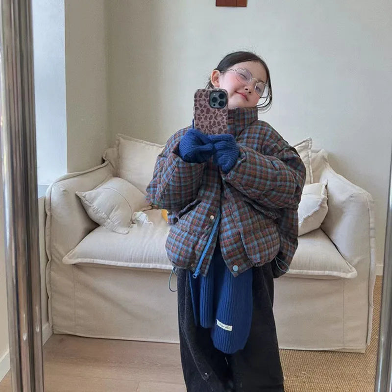 Girls' Autumn Winter Plaid Padded Jacket Warmth Coat Thicken Puffer Jacket Comfortable New Fashion Children Clothes Retro Style