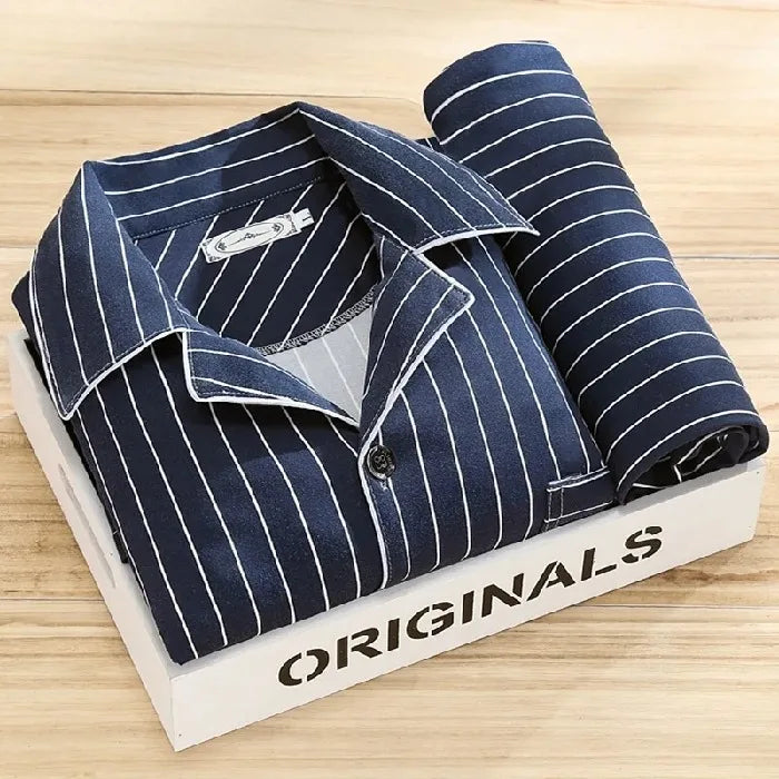 Men's Thin Cotton Pajamas Long Sve Long Pants Two-Piece Set Casual
