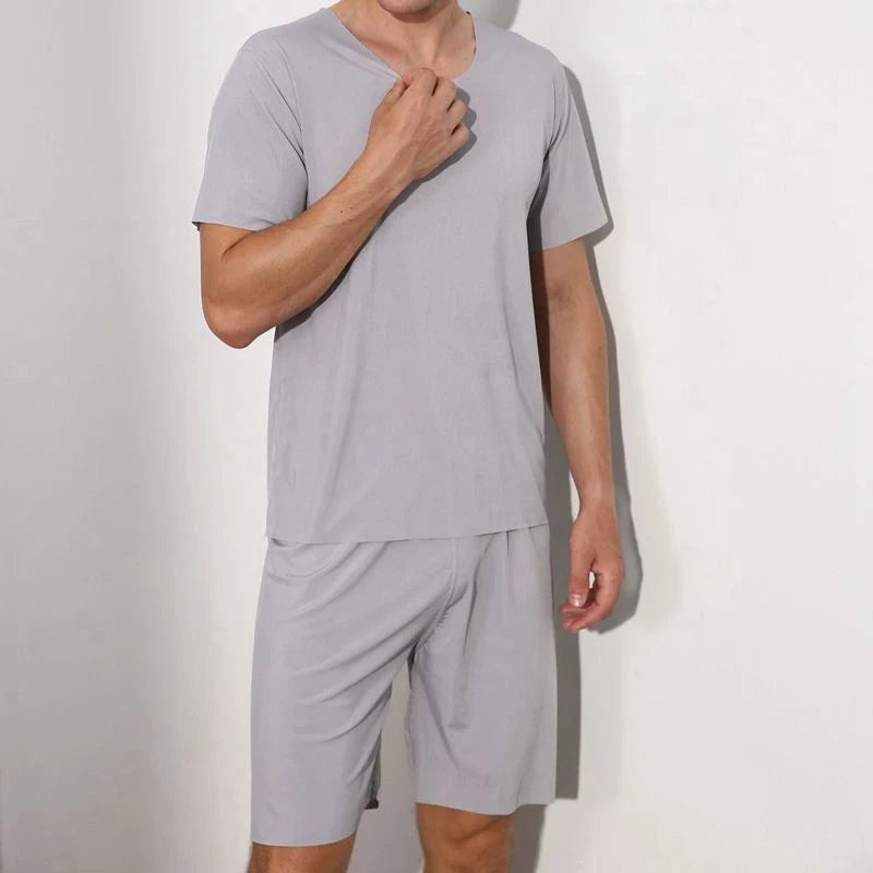 Men Ice Silk Pajamas Solid Shirt & Pants 2Pcs Pijamas Sleep Set Casual Male Home Clothes Summer Pyjamas Sleepwear Nightwear Suit