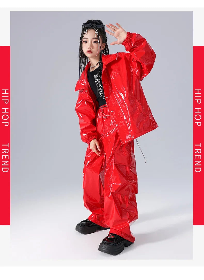 Boys K-pop Fashion Leather Jacket Street Dance Cargo Pants Girl Hip Hop Streetwear Kids Children Jazz Shiny Costume Clothes Sets