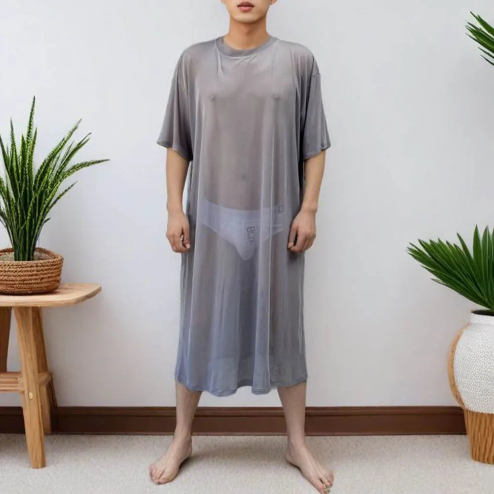 Men's Solid Color Mesh Transparent Short-Sleeved Robe Sexy Retro Fashion Trend Loose Casual Breathable Summer New Men's Tops