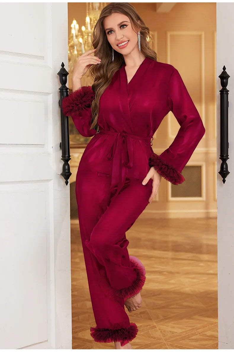 Female Pajamas 2PCS Set Sexy Perspective Lace Long Sleeve Trouser Pijamas Suit Sleepwear Loose Silk Satin Homewear Loungewear