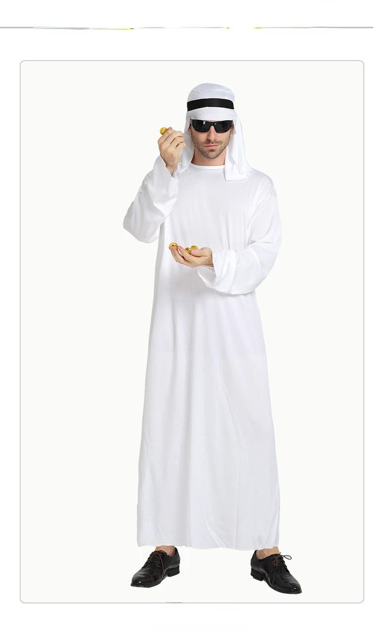 White Arabian Costume Men Robe Fancy Dress Arab Cloth Cosplay Christmas Halloween