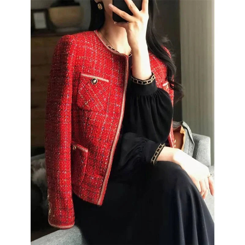 2025 Autumn/Winter New French Vintage Loose and Versatile Show Thin Temperament Woolen Jacket Fem Vintage Red Tweed Coat Women's