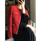 2025 Autumn/Winter New French Vintage Loose and Versatile Show Thin Temperament Woolen Jacket Fem Vintage Red Tweed Coat Women's