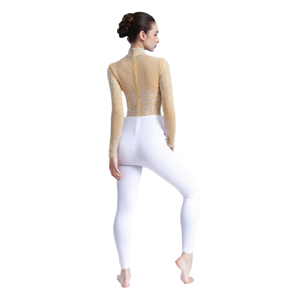 Women's Glittery Rhinestones Gymnastics Jumpsuit Sheer Mesh Patchwork Mock Neck Long Sleeve Dance Rompers One-piece Bodysuit