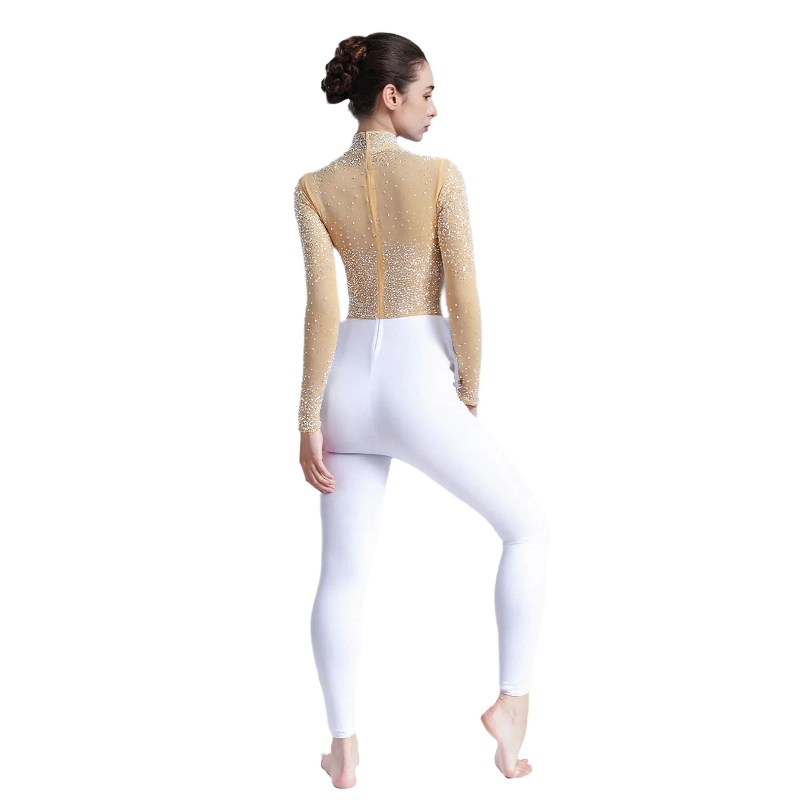 Women's Glittery Rhinestones Gymnastics Jumpsuit Sheer Mesh Patchwork Mock Neck Long Sleeve Dance Rompers One-piece Bodysuit