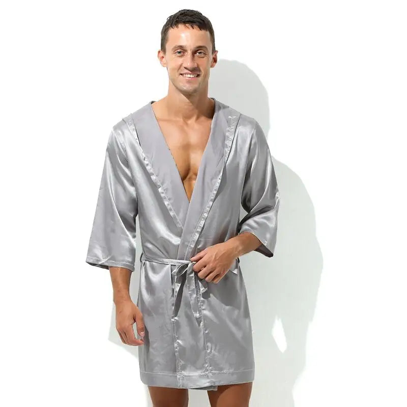 Sexy Sleepwear Men Robes Bathrobes Soft Silky Short Sleeve Nightgown Mens Homewear Dressing Gown Male Pajamas (No shorts)