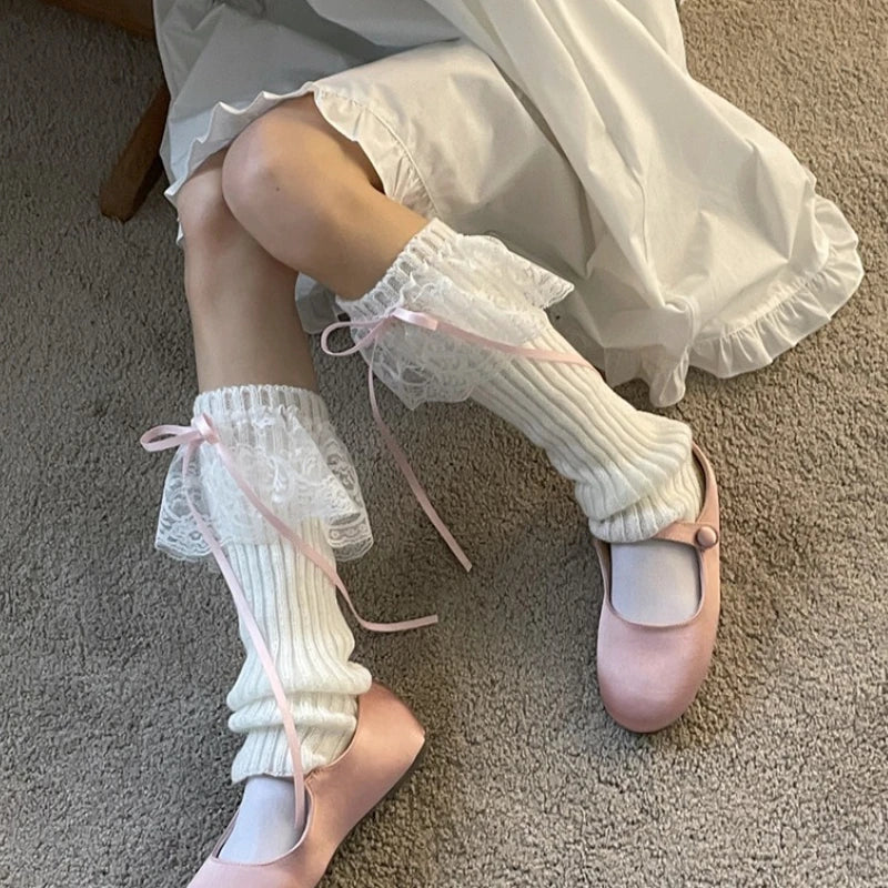 2025 New Woman Leg Warmers Autumn and Winter Ribbon Lolita Black Knee Warmers Long Socks JK Knitted Girl White Leg Warmers