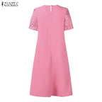 Stylish Women Desses ZANZEA 2025 Summer Lace Patchwork Dress Elegant Party Work Sundress Short Sleeve Pleated Vestidos Midi Robe
