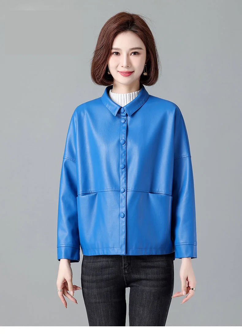 New Women Casual Loose Leather Jacket Spring Autumn Fashion Turn-down Collar Single Breasted Short Leather Motorbike Jacket