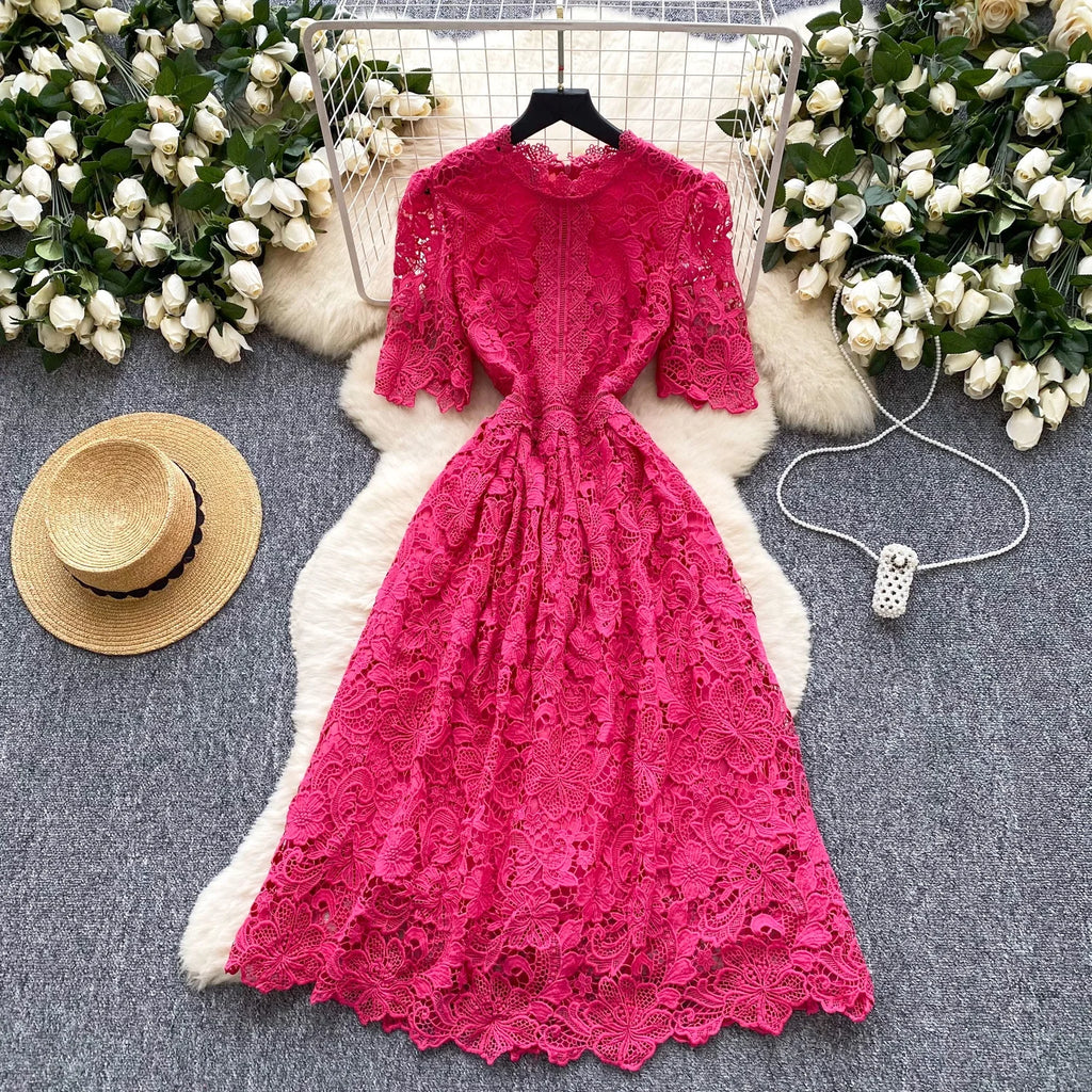 Ele Hollow out Lace ort Sve Dr Women's Summer Slimming A-Line Gown High Waist Korean Sle Commute Suitable
