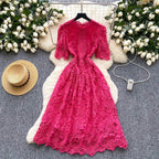 Ele Hollow out Lace ort Sve Dr Women's Summer Slimming A-Line Gown High Waist Korean Sle Commute Suitable