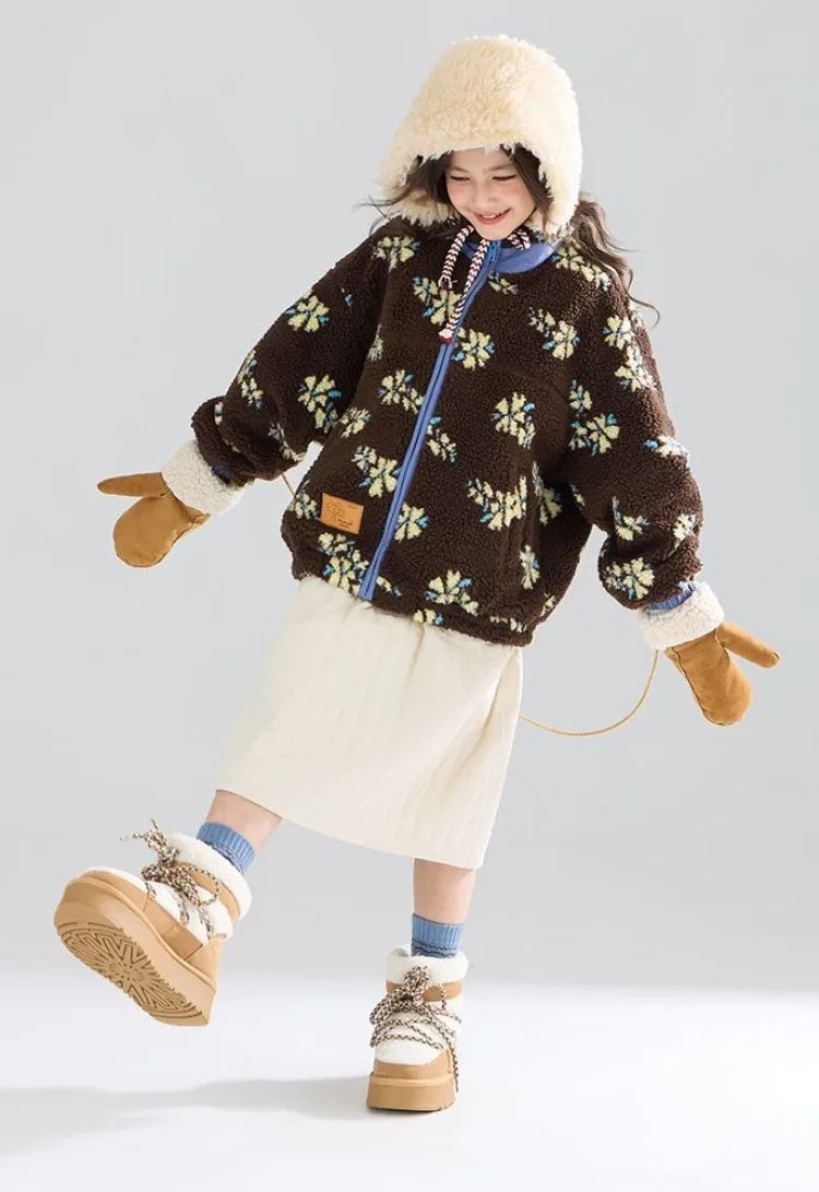 Girl's Winter Coat Floral Jacquard Lamb Fur Thickened Stylish Autumn Winter Toddler Kids Cotton Jacket