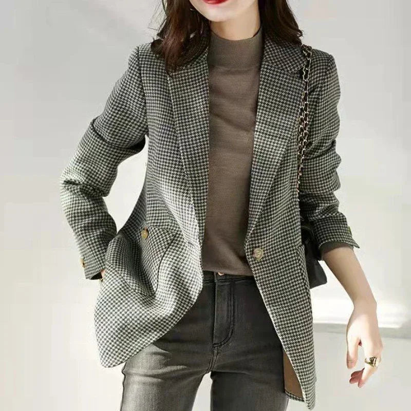 Green Jacket Coats for Women Skinny Plaid Outerwears Korean Fall Clothes  Simple Cheap Stylish in Promotion Check Blazer Woman