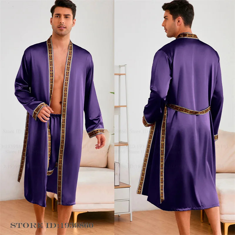 Men Long Robe Pajamas Set Baroque Style Kimono Bathrobe Gown Spring Summer Male Sleepwear Home Clothing Rayon Loungewear Pijamas