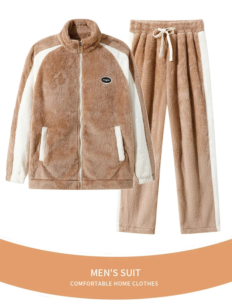 Men's Pajamas made of coral fleece, Plus Size 8XL, spliced, square collar, long sleeves, long pants, warm Sleepwear Set
