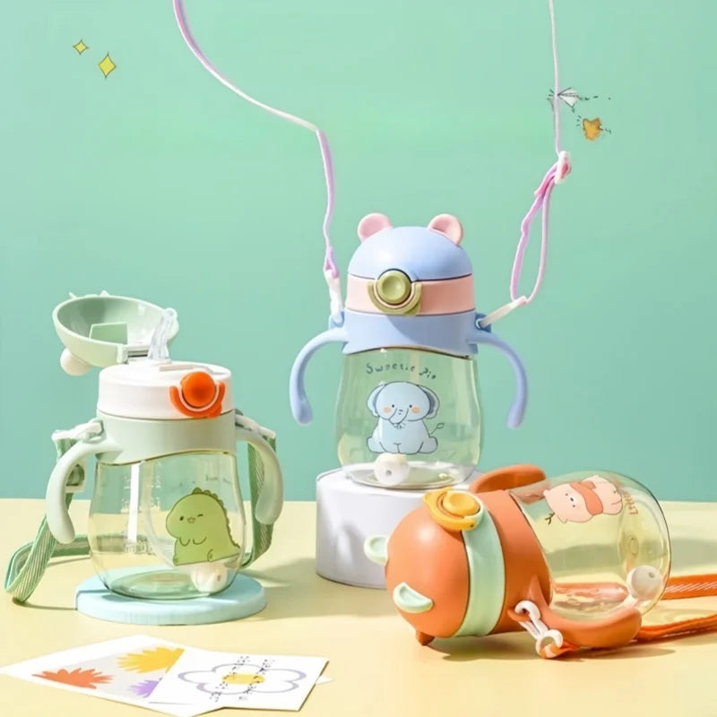 410ML Baby Drinking Cup Feeding Bottle Anti-Choking with Straw Gravity Ball Wide Caliber Drinking Milk Water Bottle with Handle