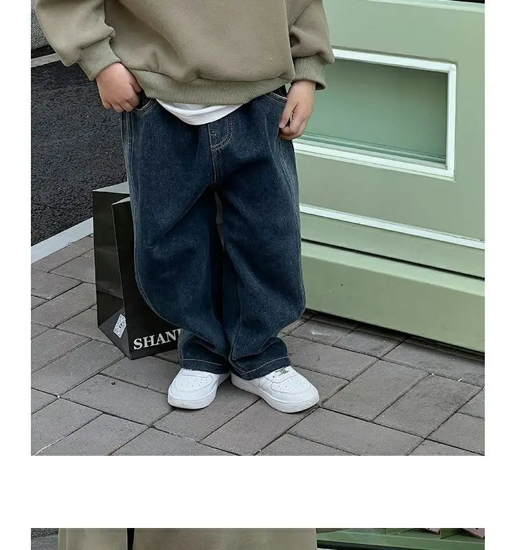 2-12Y Childrens Boys Denim Pants One-piece Fleece Thickened Autumn Winter Casual Kids Baby Boys Pants Toddler Boys Warm Jeans