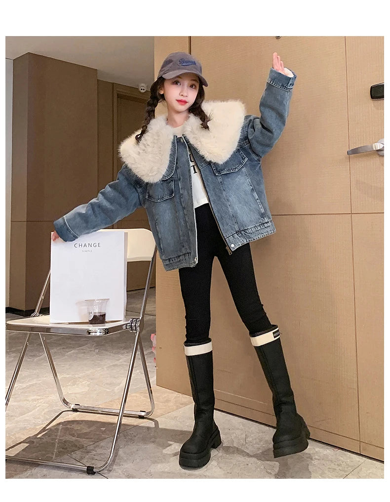 junior girl winter jackets vetement enfant fille Thickened inner rabbit fur denim jacket teenr outerwear kids warm coat overwear