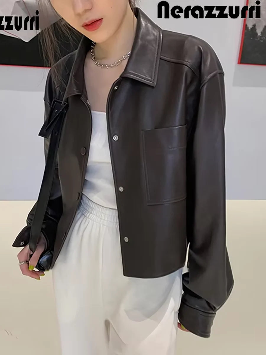 Nerazzurri Spring Autumn Brown Short Soft Pu Leather Jacket Women Long Sleeve Pocket Loose Casual Korean Fashion Clothing 2025