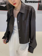 Nerazzurri Spring Autumn Brown Short Soft Pu Leather Jacket Women Long Sleeve Pocket Loose Casual Korean Fashion Clothing 2025