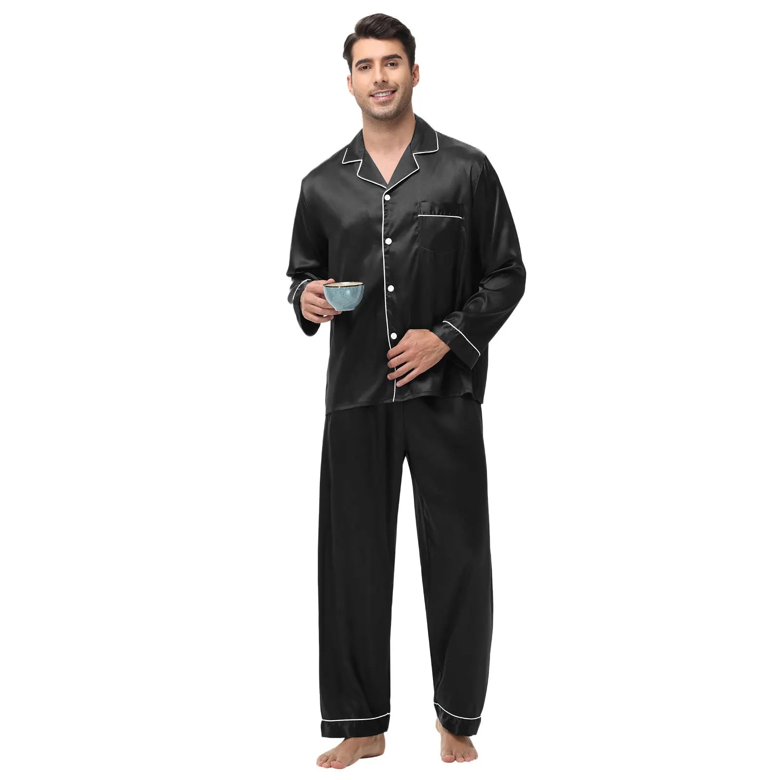 Men Pajamas Set Silk Satin Sleepwear