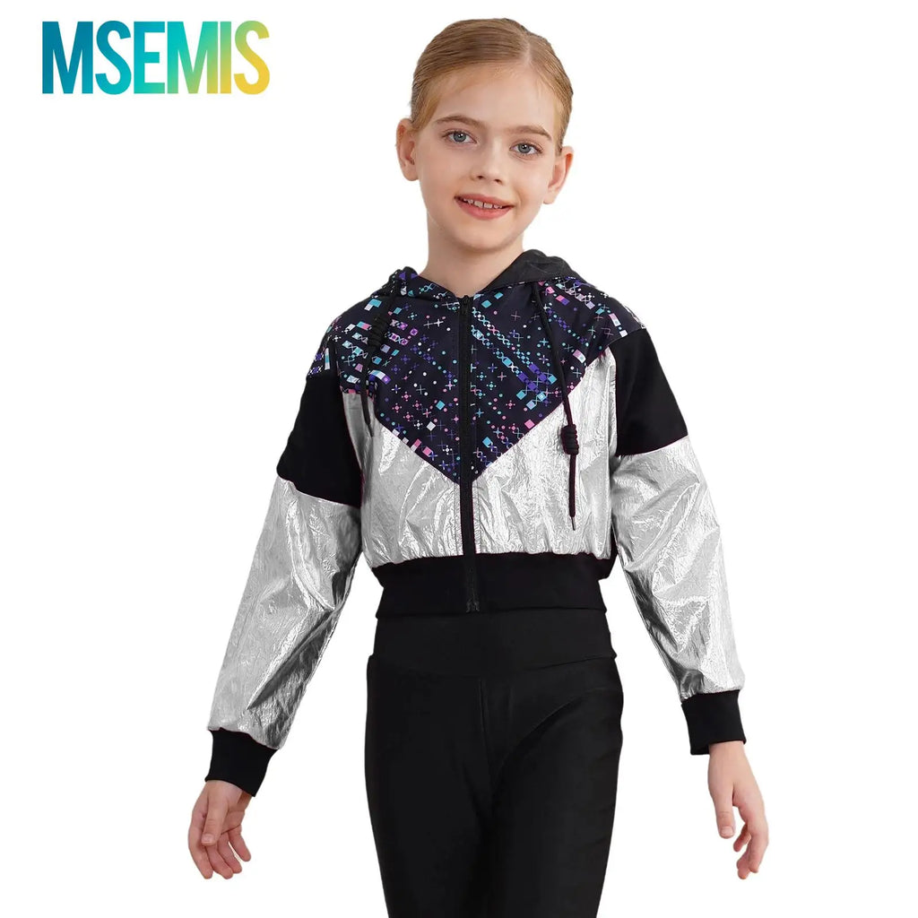 Girls Fashion Print Short Jacket Casual Coat Hooded Tops Long Sleeve Zipper Jacket Outerwear Jazz Dance Performance Costume