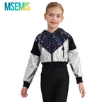 Girls Fashion Print Short Jacket Casual Coat Hooded Tops Long Sleeve Zipper Jacket Outerwear Jazz Dance Performance Costume