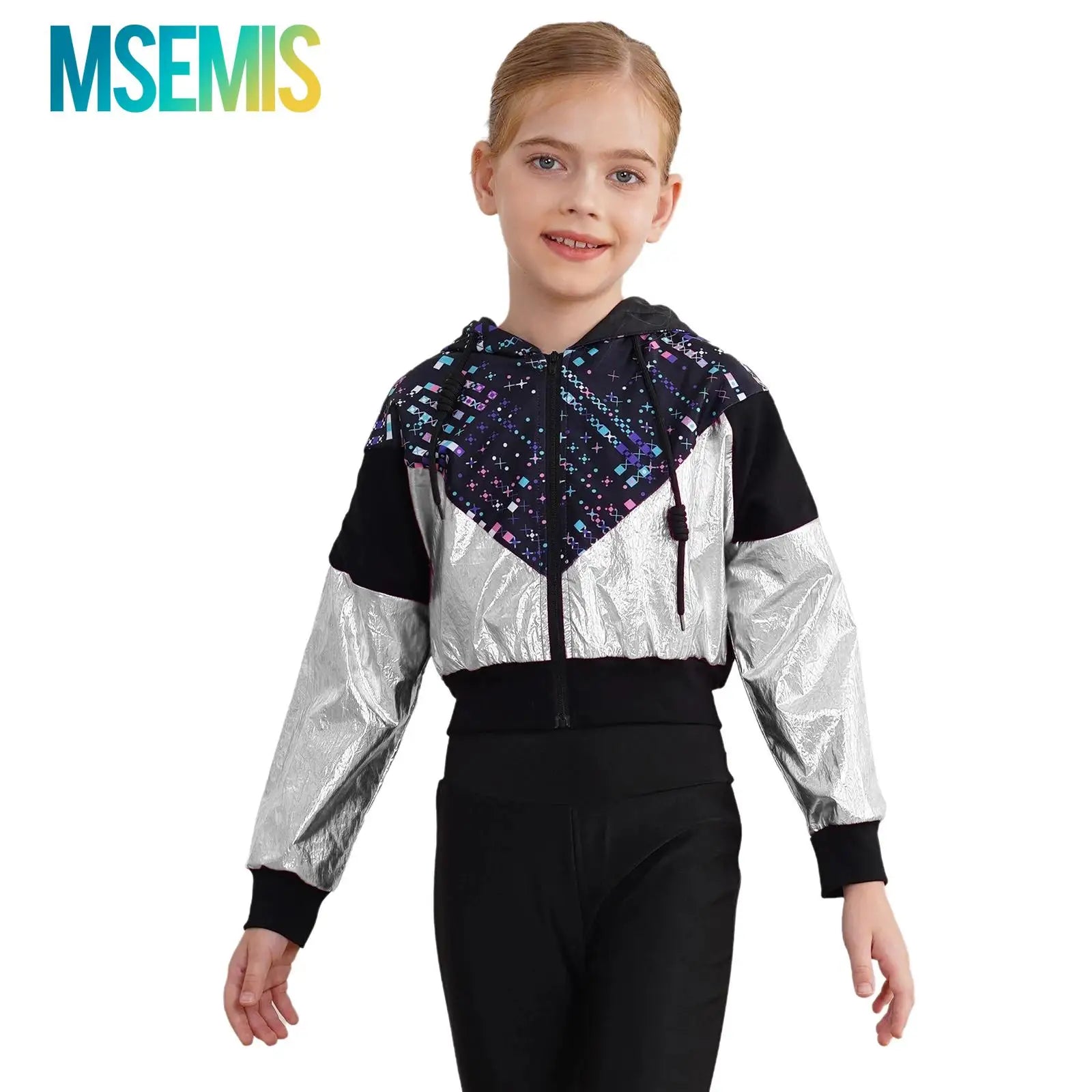 Girls Fashion Print Short Jacket Casual Coat Hooded Tops Long Sleeve Zipper Jacket Outerwear Jazz Dance Performance Costume