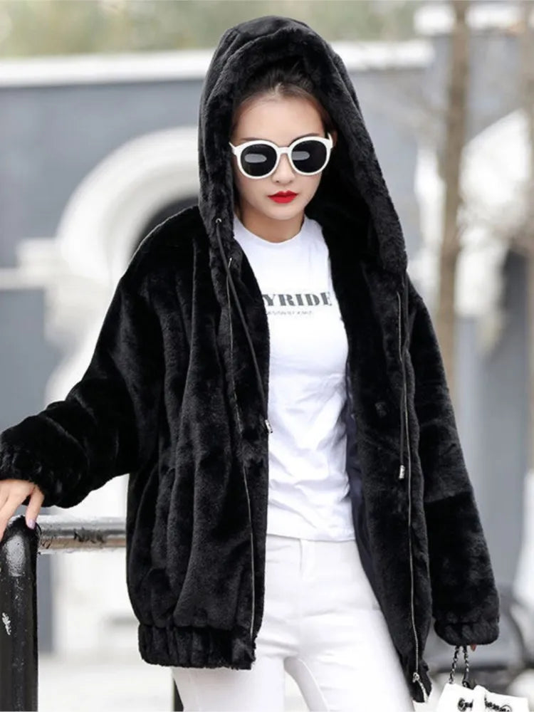 Plush hooded jacket for women mid-length winter new loose plush warm long sleeves plush Short jacket fashion casual coat