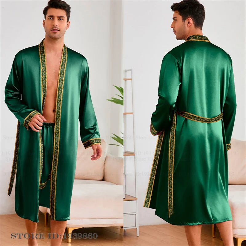 Men Long Robe Pajamas Set Baroque Style Kimono Bathrobe Gown Spring Summer Male Sleepwear Home Clothing Rayon Loungewear Pijamas