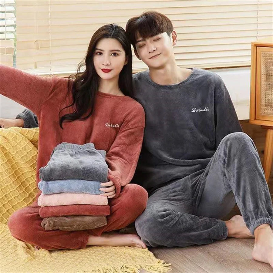 2025 Men's Thick Flannel Pajama Sets Couple Casual