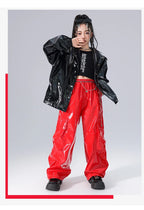 Boys K-pop Fashion Leather Jacket Street Dance Cargo Pants Girl Hip Hop Streetwear Kids Children Jazz Shiny Costume Clothes Sets