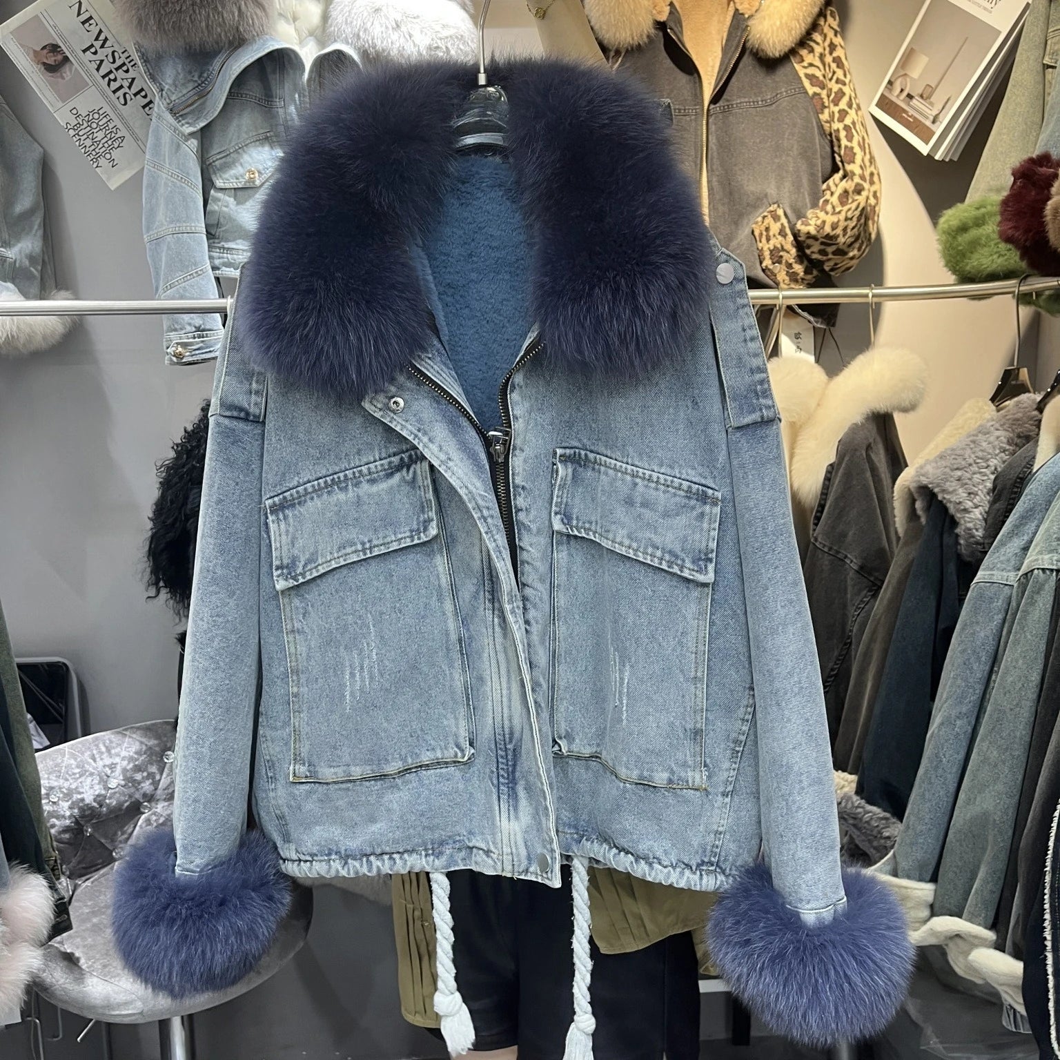 Fox Fur Denim Jacket for Women Fleece-Lined and Thickened Winter 2025 New Korean Style Loose Fit Batwing Sleeve Cotton Coat