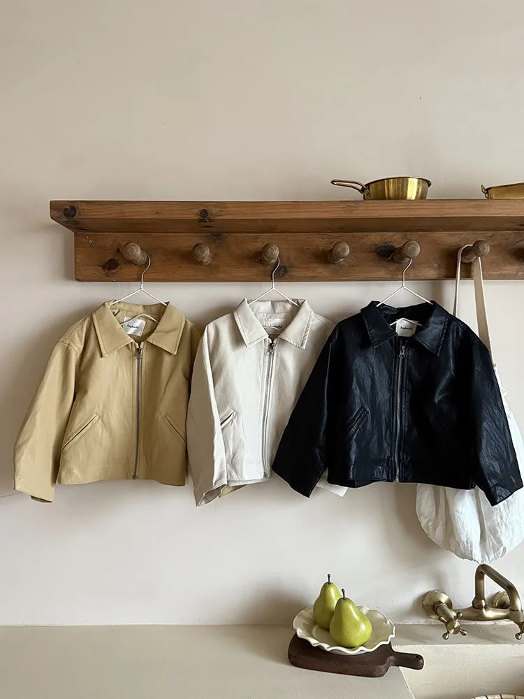 2025 Autumn New Children Long Sleeve Pu Leather Coat Fashion Girls Leather Jacket Solid Boys Lapel Zipper Jacket Kids Clothes