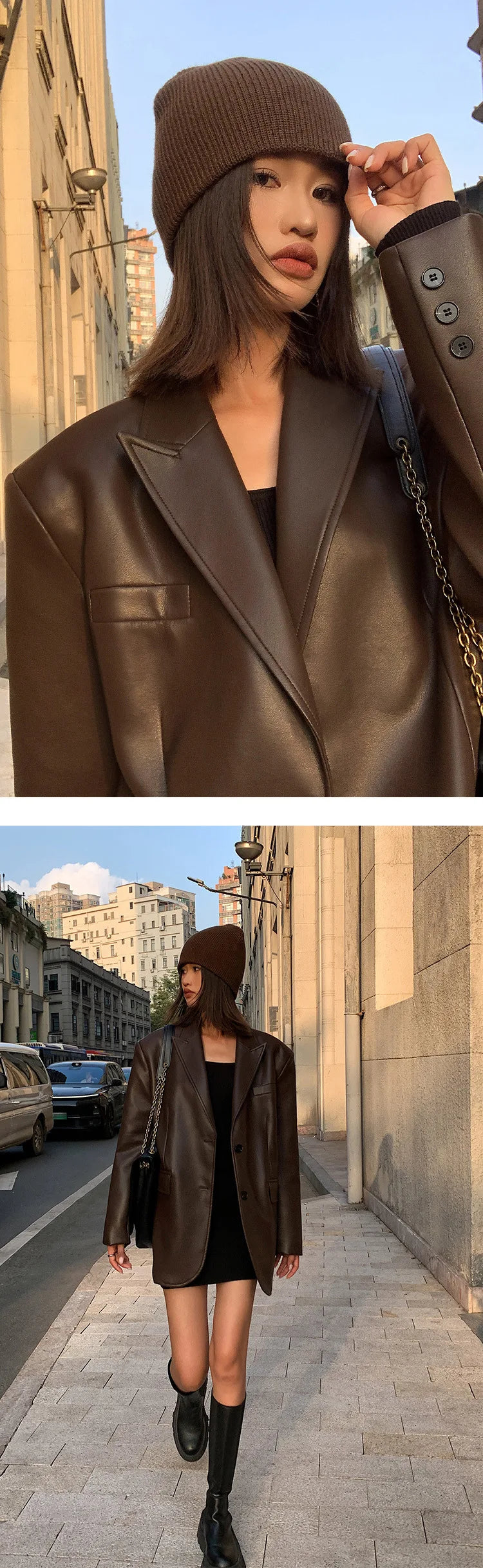 Women Black Brown Soft PU Leather Blazer Shoulder Pads Long Sleeve Single Breasted Loose Casual Jacket Tops Korean Fashion Coat